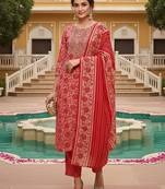 pink color embroidered silk blend styles kurta trouser with dupatta