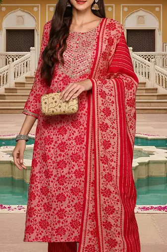pink color embroidered silk blend styles kurta trouser with dupatta