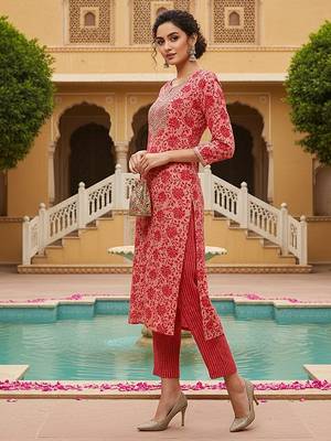 pink color embroidered silk blend styles kurta trouser with dupatta 3