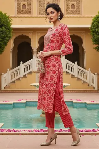 pink color embroidered silk blend styles kurta trouser with dupatta