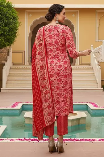 pink color embroidered silk blend styles kurta trouser with dupatta