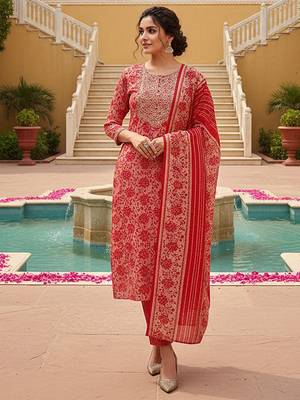 pink color embroidered silk blend styles kurta trouser with dupatta 5