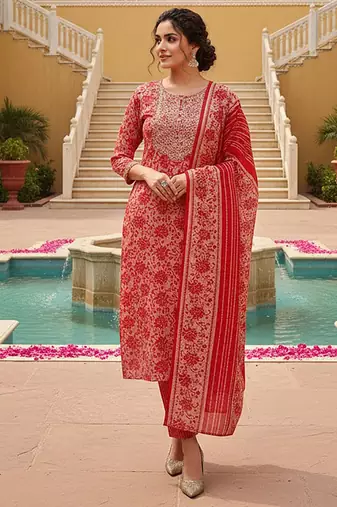 pink color embroidered silk blend styles kurta trouser with dupatta