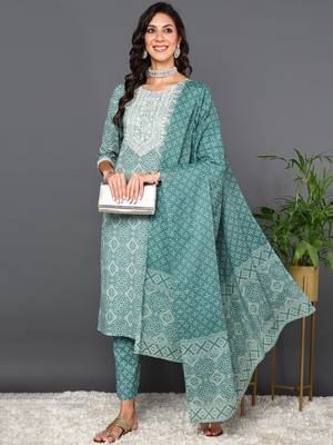 green color embroidered pure cotton styles kurta trouser with dupatta 1