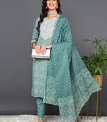 green color embroidered pure cotton styles kurta trouser with dupatta