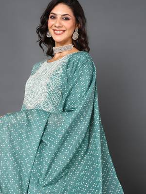 green color embroidered pure cotton styles kurta trouser with dupatta 2