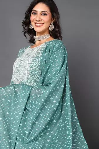 green color embroidered pure cotton styles kurta trouser with dupatta