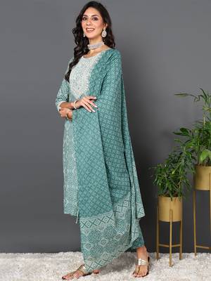 green color embroidered pure cotton styles kurta trouser with dupatta 3