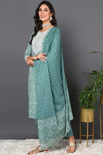 green color embroidered pure cotton styles kurta trouser with dupatta