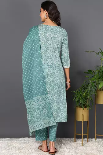 green color embroidered pure cotton styles kurta trouser with dupatta