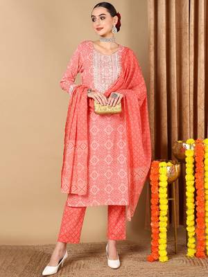 peach color embroidered pure cotton styles kurta trouser with dupatta 1