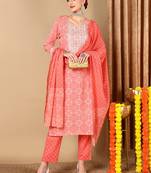 peach color embroidered pure cotton styles kurta trouser with dupatta