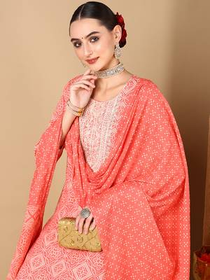 peach color embroidered pure cotton styles kurta trouser with dupatta 2