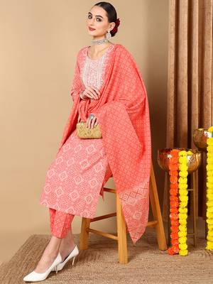 peach color embroidered pure cotton styles kurta trouser with dupatta 3