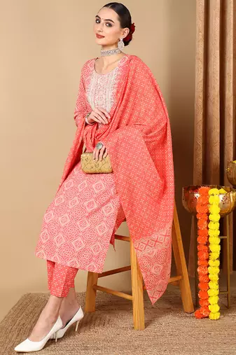 peach color embroidered pure cotton styles kurta trouser with dupatta