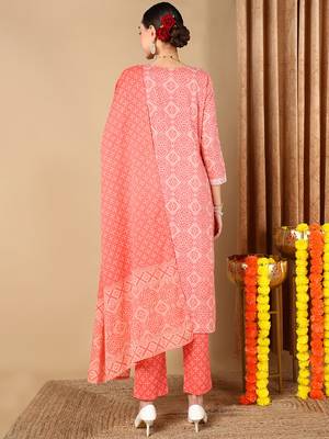peach color embroidered pure cotton styles kurta trouser with dupatta 4