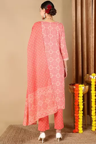 peach color embroidered pure cotton styles kurta trouser with dupatta