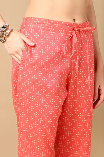 peach color embroidered pure cotton styles kurta trouser with dupatta