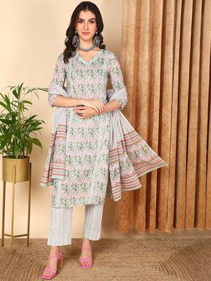 sea green color printed pure cotton styles kurta trouser with dupatta 1