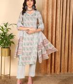 sea green color printed pure cotton styles kurta trouser with dupatta
