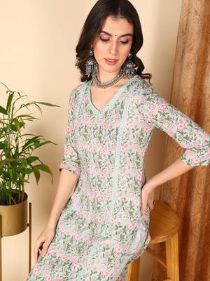 sea green color printed pure cotton styles kurta trouser with dupatta 2