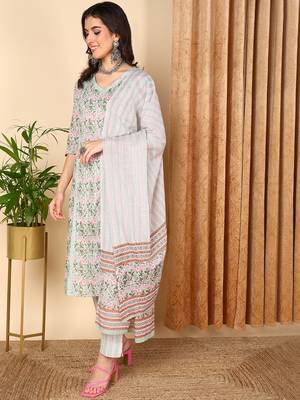 sea green color printed pure cotton styles kurta trouser with dupatta 3