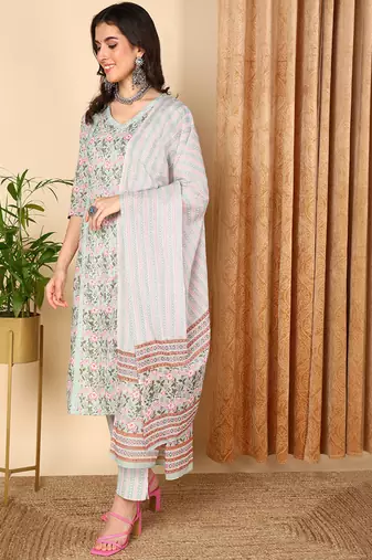 sea green color printed pure cotton styles kurta trouser with dupatta