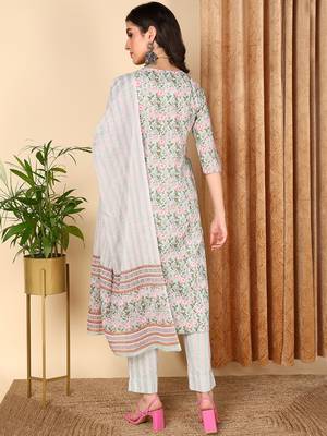 sea green color printed pure cotton styles kurta trouser with dupatta 4