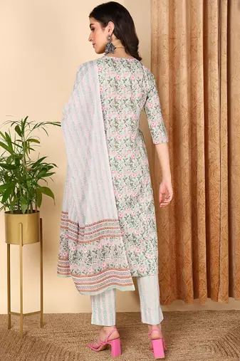 sea green color printed pure cotton styles kurta trouser with dupatta