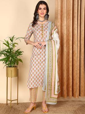 grey color printed pure cotton styles kurta trouser with dupatta 1