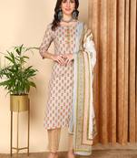 grey color printed pure cotton styles kurta trouser with dupatta