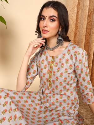 grey color printed pure cotton styles kurta trouser with dupatta 2