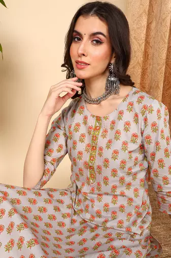 grey color printed pure cotton styles kurta trouser with dupatta