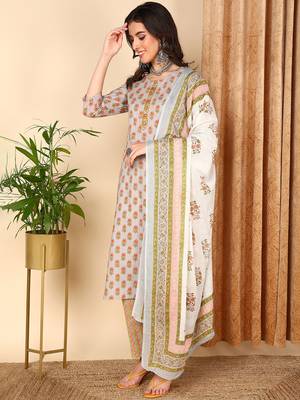 grey color printed pure cotton styles kurta trouser with dupatta 3