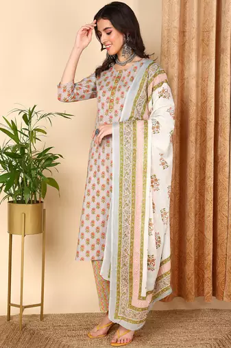 grey color printed pure cotton styles kurta trouser with dupatta