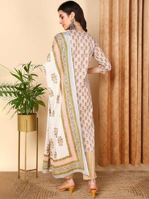 grey color printed pure cotton styles kurta trouser with dupatta 4