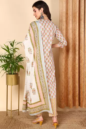 grey color printed pure cotton styles kurta trouser with dupatta