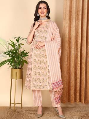 peach color printed pure cotton styles kurta trouser with dupatta 1