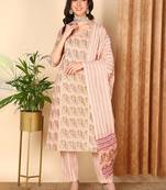 peach color printed pure cotton styles kurta trouser with dupatta