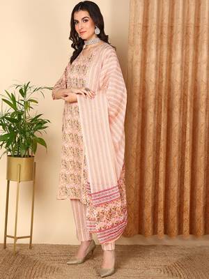 peach color printed pure cotton styles kurta trouser with dupatta 3