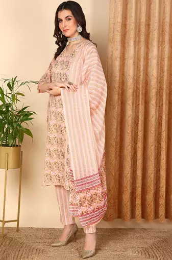 peach color printed pure cotton styles kurta trouser with dupatta