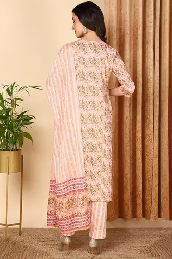 peach color printed pure cotton styles kurta trouser with dupatta