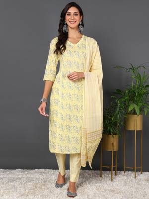 yellow color printed pure cotton styles kurta trouser with dupatta 1