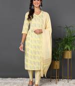 yellow color printed pure cotton styles kurta trouser with dupatta