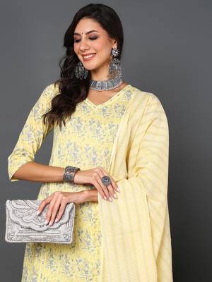 yellow color printed pure cotton styles kurta trouser with dupatta 2