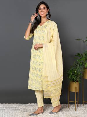 yellow color printed pure cotton styles kurta trouser with dupatta 3