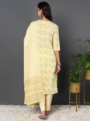 yellow color printed pure cotton styles kurta trouser with dupatta 4