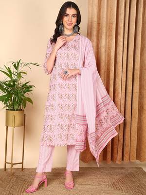 pink color printed pure cotton styles kurta trouser with dupatta 1