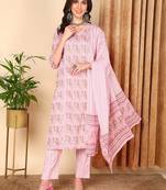 pink color printed pure cotton styles kurta trouser with dupatta