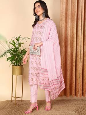 pink color printed pure cotton styles kurta trouser with dupatta 3